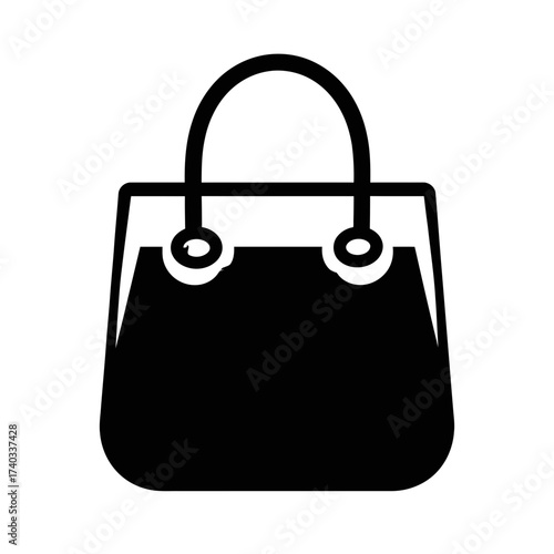 Black and white graphic of a handbag with handles.