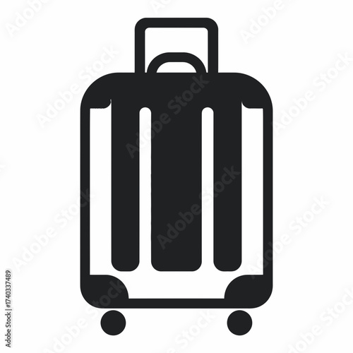 A black and white icon representing a rolling suitcase with a retractable handle and wheels, symbolizing travel and luggage.