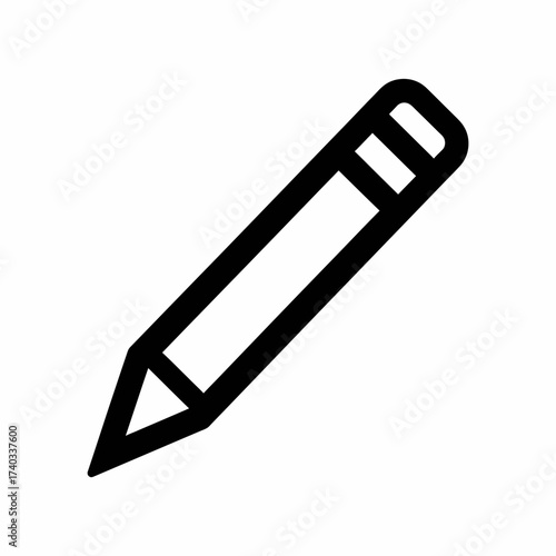A simple black and white line drawing of a pencil with a sharpened tip and an eraser.