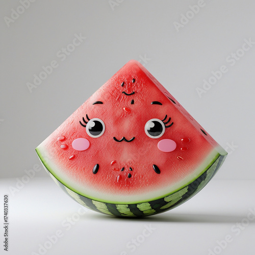 Adorable watermelon slice featuring a kawaii face, rendered in a cute and ultrarealistic style