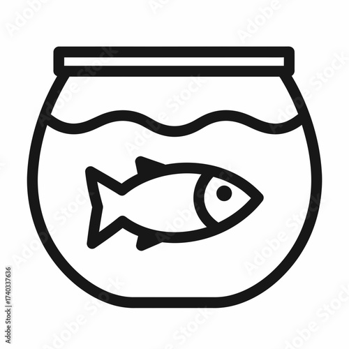 Outline icon of a single fish swimming in a round fishbowl filled with water, depicted in a simple, minimalist style.