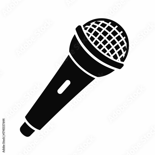 Black silhouette icon of a classic handheld microphone with a mesh top on a white background.