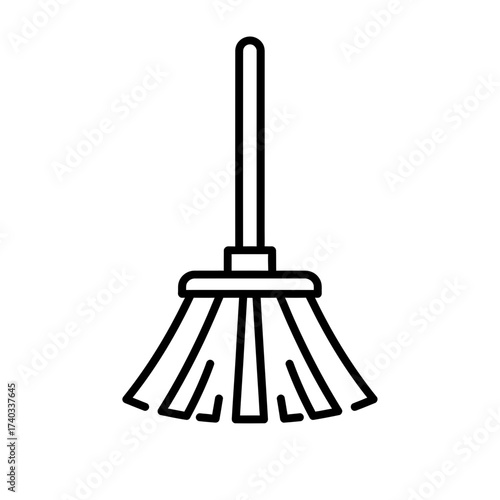 Line art illustration of a broom with a long handle and bristles.