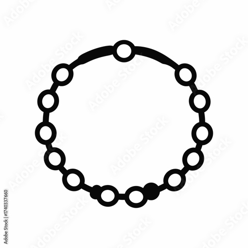 Black and white illustration of a circular rosary with beads and a connecting chain.