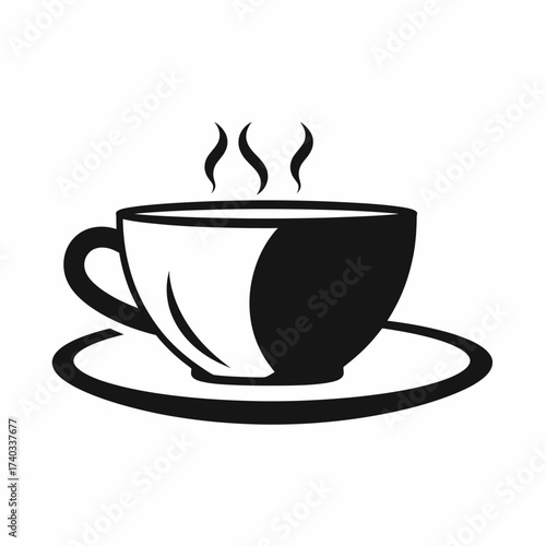 A black and white illustration of a steaming cup of coffee on a saucer, symbolizing warmth and a morning beverage.