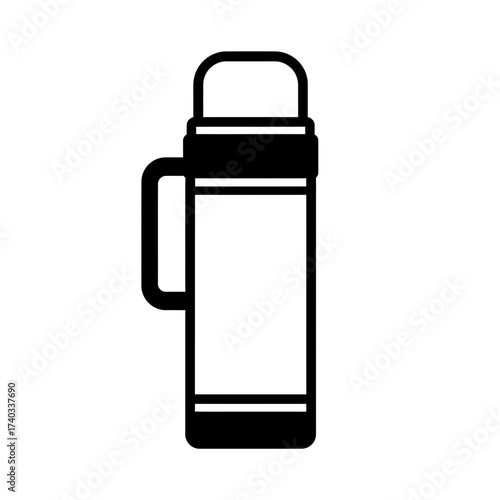A simple black and white illustration of a thermos bottle with a handle.