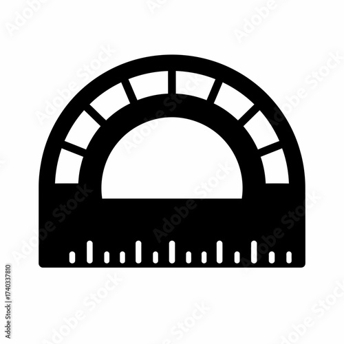Black and white illustration of a protractor for measuring angles.
