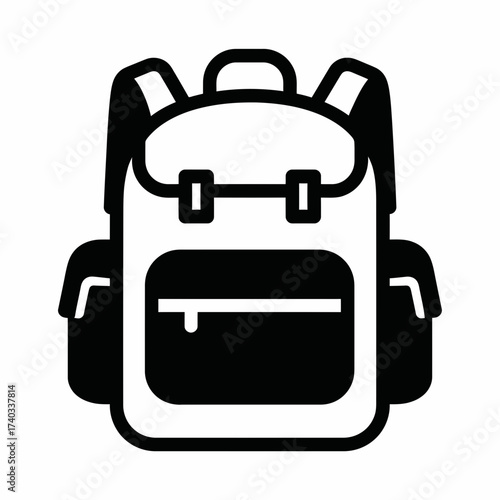 A black and white graphic illustration of a backpack, featuring a main compartment, a front pocket, and two side pouches.
