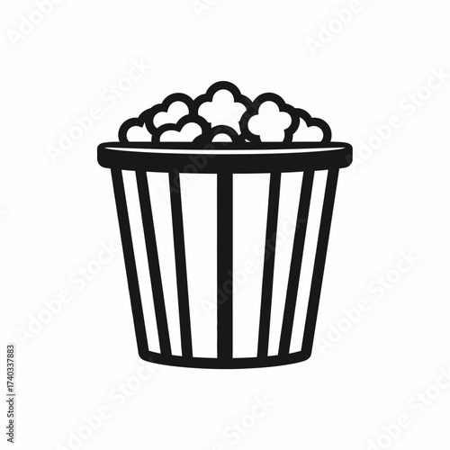 A simple black and white line art icon of a striped bucket filled with popcorn, isolated on a white background.