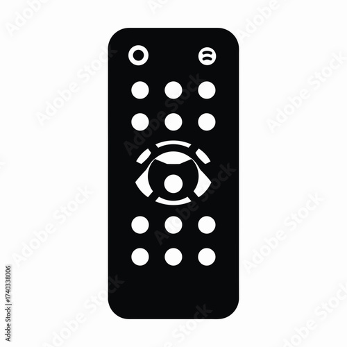 Black and white illustration of a remote control with multiple buttons.