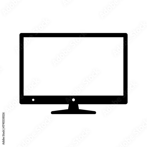 A simple black and white icon representing a modern flat-screen computer monitor with a stand.
