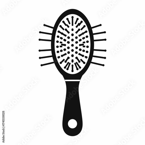 Black and white illustration of an oval-shaped hairbrush with a handle, perfect for grooming.
