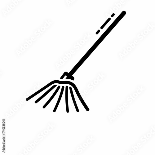 Black and white illustration of a rake with a long handle.