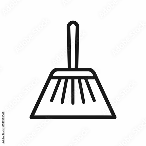A simple black line art icon of a dustpan used for cleaning and sweeping, isolated on a white background.