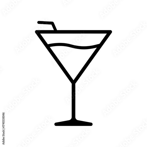 Minimalist black and white line art icon of a martini glass filled with a beverage and a small straw, representing cocktails or drinks.