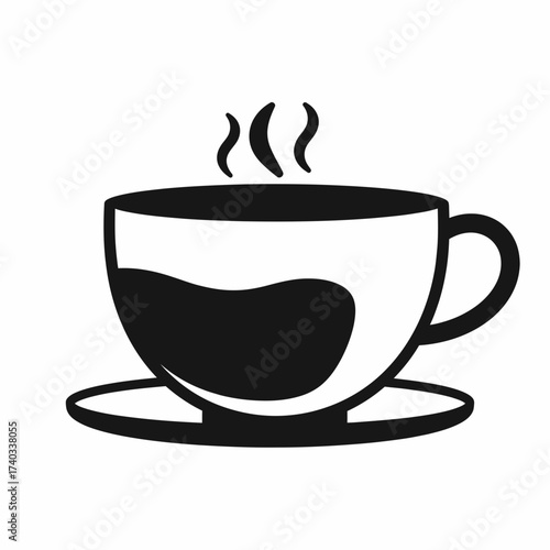 Black and white illustration of a steaming cup of coffee on a saucer, ready to drink.