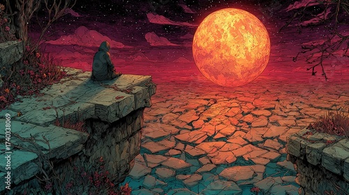 A lone figure meditating under the gaze of a giant sun in a desolate landscape. The scene evokes a sense of solitude, peace, and the vastness of the cosmos. comic book style