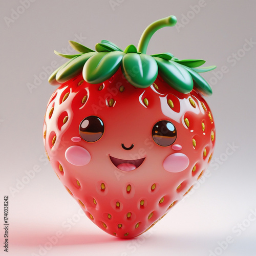 Ultrarealistic, kawaii strawberry character smiles sweetly, a cute and joyful food depiction.