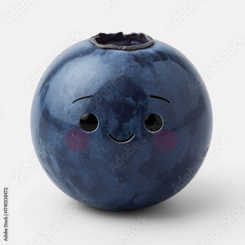 A cheerful blueberry character with cute facial features stands out on a bright background.