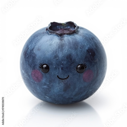 Ultrarealist food photography shows a blueberry with a happy face against a white background.
