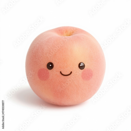 An ultrarealist food photo of a plush peach on a stark white background, creating a whimsical mood.
