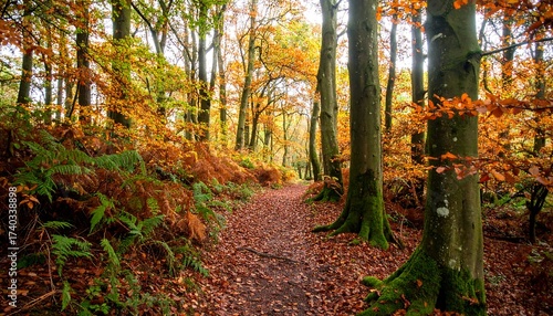 Pathway Through Autumn Forest with Fallen Leaves and Colorful Trees
