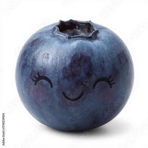 Ultrarealist food photography shows a happy, round blueberry on a white surface with tiny details.