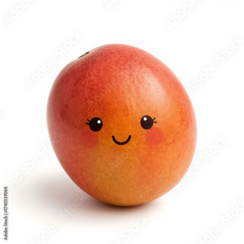Ultrarealist photograph of a smiling mango with blush details on a plain white background.