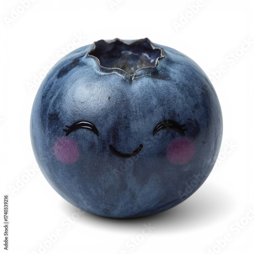 Ultrarealist food photography presents a cute blueberry with a happy face on a plain background.