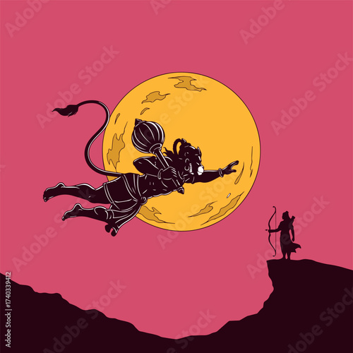 Vector silhouette of Lord Hanuman, holding his Gada and flying towards a vibrant yellow moon, while Lord Rama watches. A bold image of strength and duty.
