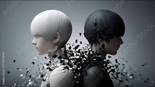 Abstract concept of opposites depicted by heads of white and black