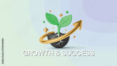 3D plant growth and financial success with golden arrow seedling sprout