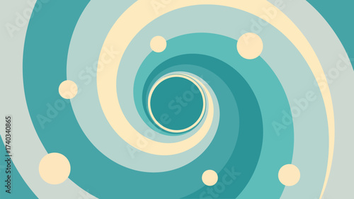 Abstract Swirling Tunnel with Floating Circles in Teal and Cream Colors background spiral