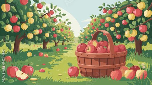 Abundant apple harvest in an orchard with a basket full of red and yellow apples apple orchard fruit