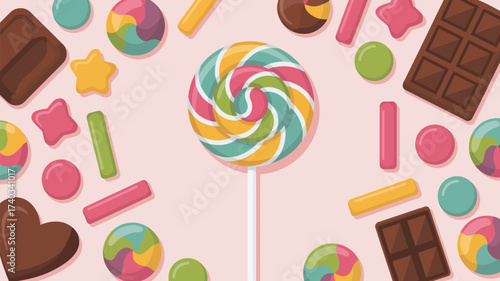 Assortment of colorful candies and chocolates scattered around a swirl lollipop candy sweets