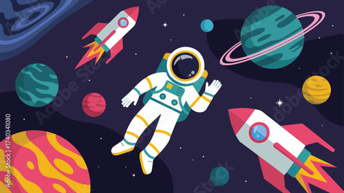 Astronaut and Rockets in Deep Space with Multiple Planets and Stars spaceship