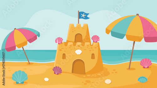Cartoon sandcastle with flag and seashells on a sunny beach with colorful umbrellas and ocean waves summer