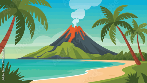 Cartoon Tropical Island Volcano Beach Scene with Palm Trees and Ocean eruption