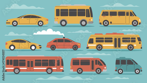 Collection of Diverse Vehicles Including Cars Buses and Vans Against a Cloudy Sky Background sedan yellow car