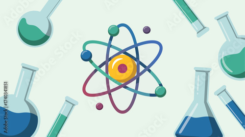 Colorful Atom Model Surrounded by Science Laboratory Glassware on a Light Background atomic molecule