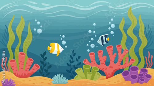 Colorful Cartoon Underwater Scene With Two Fish and Coral Reef ocean