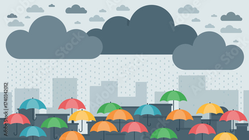 Colorful umbrellas protecting city buildings from heavy rain and dark clouds urban weather