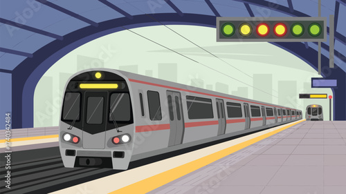 Futuristic Metro Train Arriving at a Station Platform Under a Curved Overpass with City Background subway
