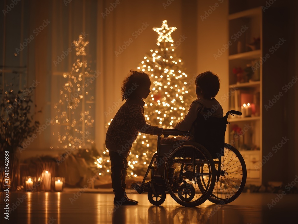 Obraz premium A child in a wheelchair being helped by a sibling to place the star on top of the Christmas tree. The scene is empowering and heartwarming, emphasizing ability and family support