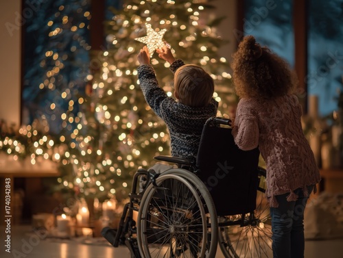 A child in a wheelchair being helped by a sibling to place the star on top of the Christmas tree. The scene is empowering and heartwarming, emphasizing ability and family support