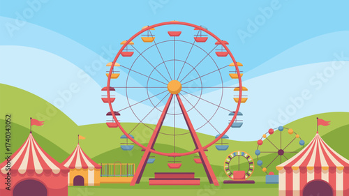 Large Ferris Wheel at an Amusement Park with Tents and Smaller Rides carnival fair