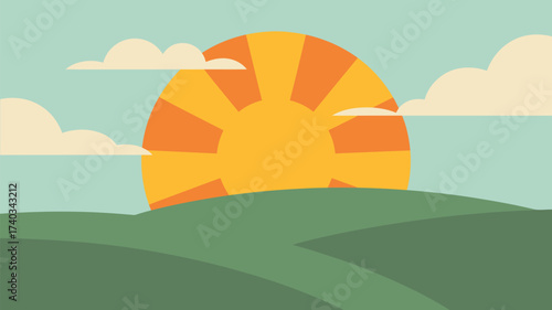 Minimalist Sunrise Over Green Hills with Stylized Sun and Clouds dawn