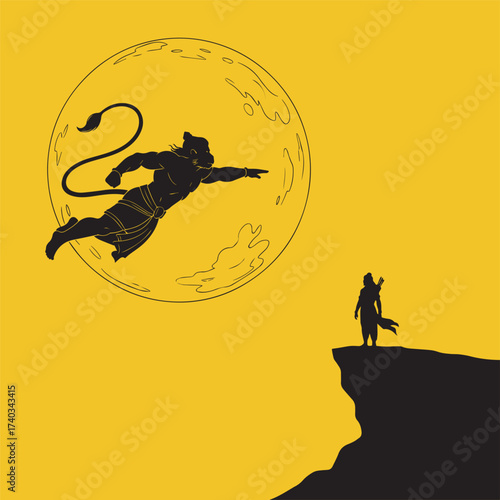 Dynamic silhouette vector of Lord Hanuman leaping across the ocean towards a full moon, symbolizing his flight to Lanka, while Lord Rama watches from a cliff.