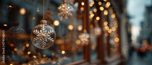 City retail window bokeh: abstract ornaments implied, neutral reflections, evening ambient, clean storefront glass, banner-ready 