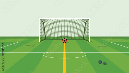Soccer goal with ball on field and yellow line football